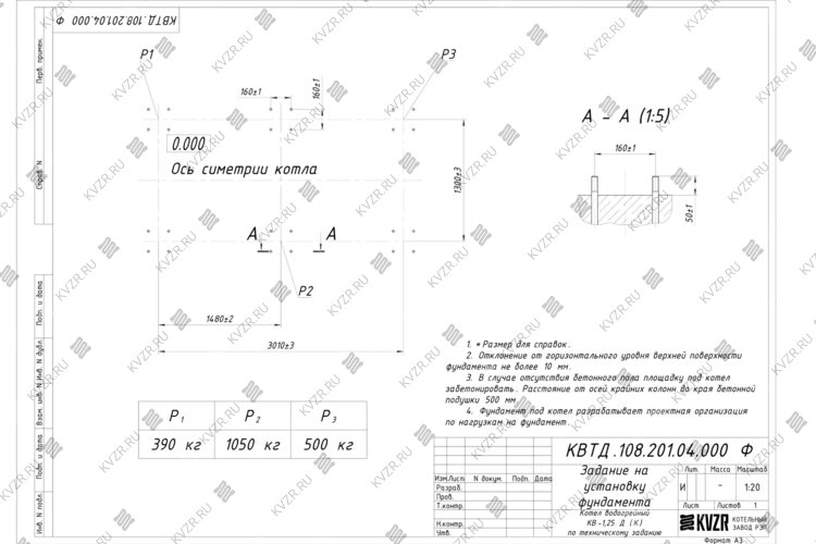 Чертеж фундамента котла на дровах 1.25 МВт с колосниками